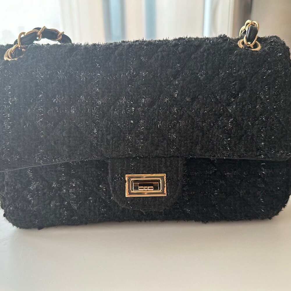 Lulus Black Tweed Lurex Chain Strap Shoulder Bag - Picture 2 of 4